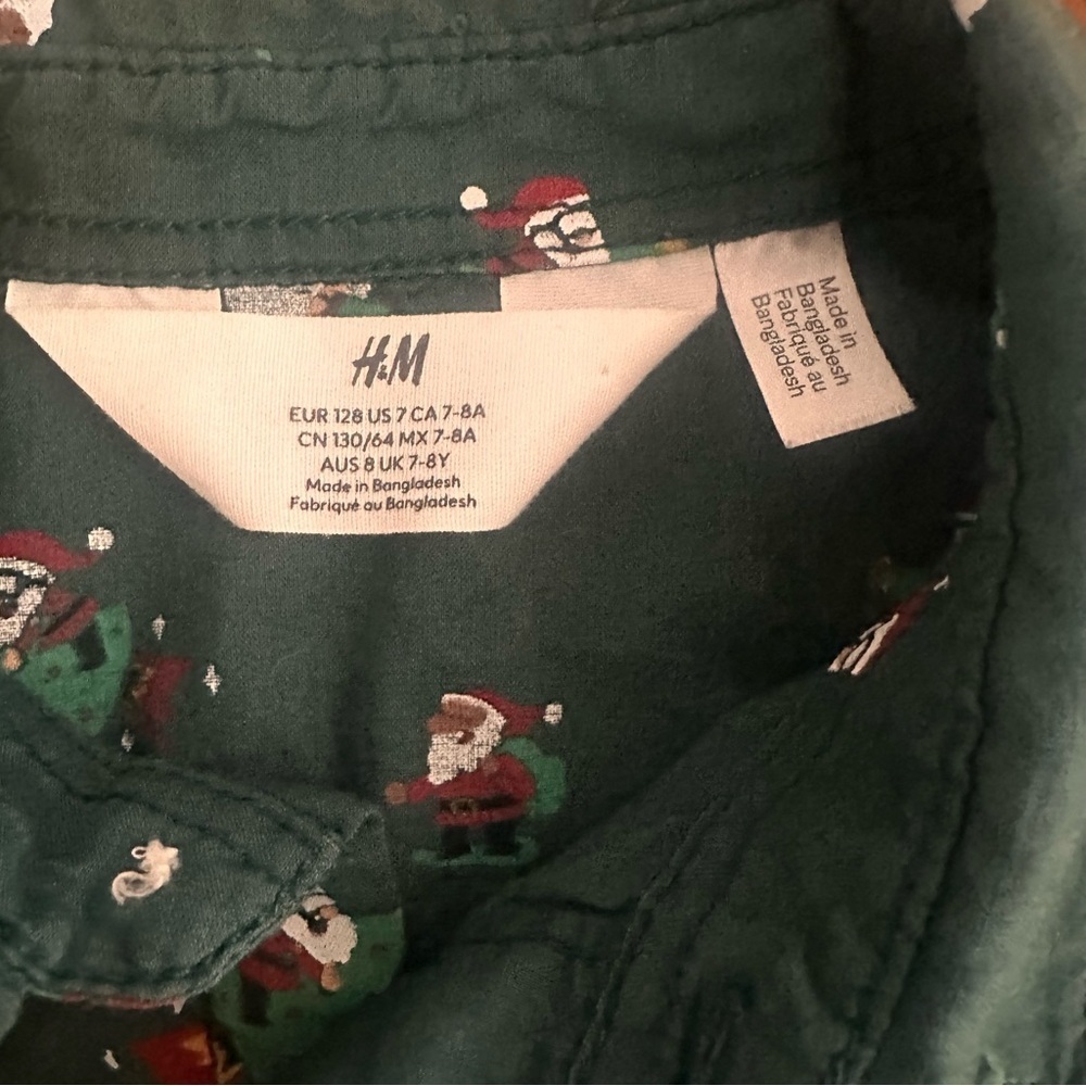 H&M Boys Santa Christmas Holiday Green Button Down Dress Shirt Size 7 Kids - Picture 3 of 6